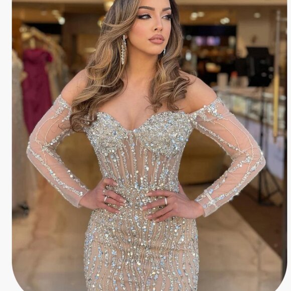 Heavy Champagne Mermaid Tulle Prom Dress Long Sleeve Sweetheart Strapless Dress - Picture 1 of 4